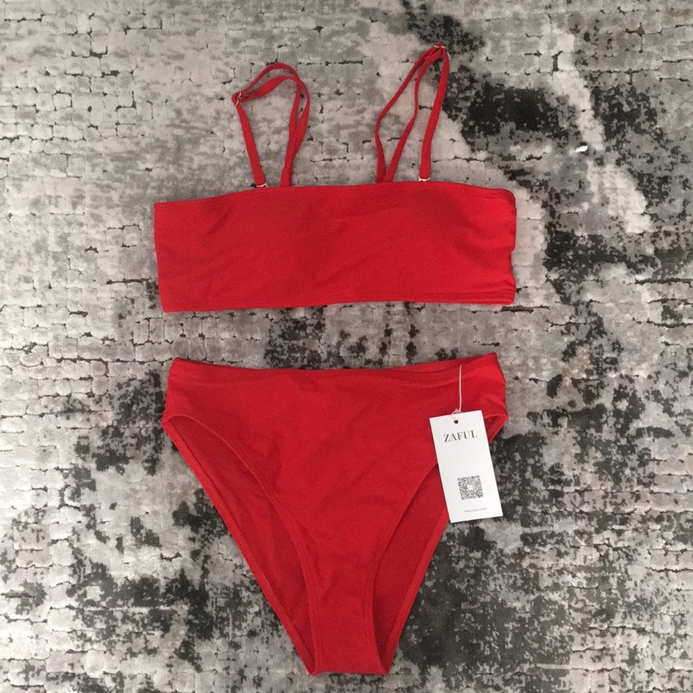 High Cut Red Bandeau Bikini Set